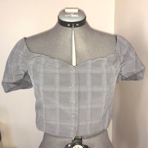 Sensemill Gray Cropped Plaid Puff Sleeve Blouse,Button Up Puff Sleeve Sweetheart